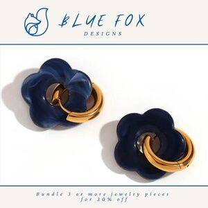 *NEW* 18K Gold Plated Stainless Steel Drop Flower Acrylic Earrings (Blue/Black)